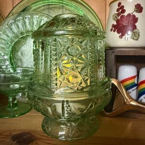 Rare Indiana Glass Green Stars And Bars Fairy  Lamp